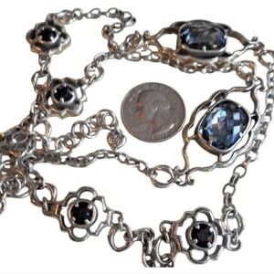 Brighton Silver Tone London Blue Topaz Glass Black Onyx Glass 42" Chain Necklace